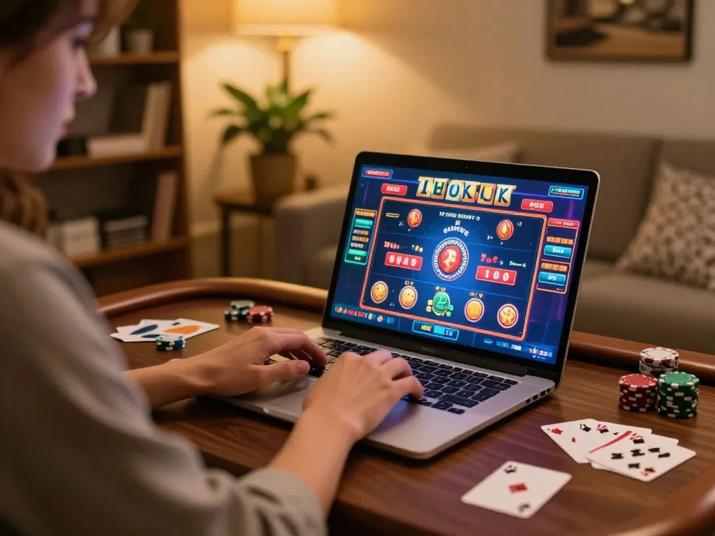 Engaging in online casino gaming with 58wiin on a laptop, showcasing vibrant games.