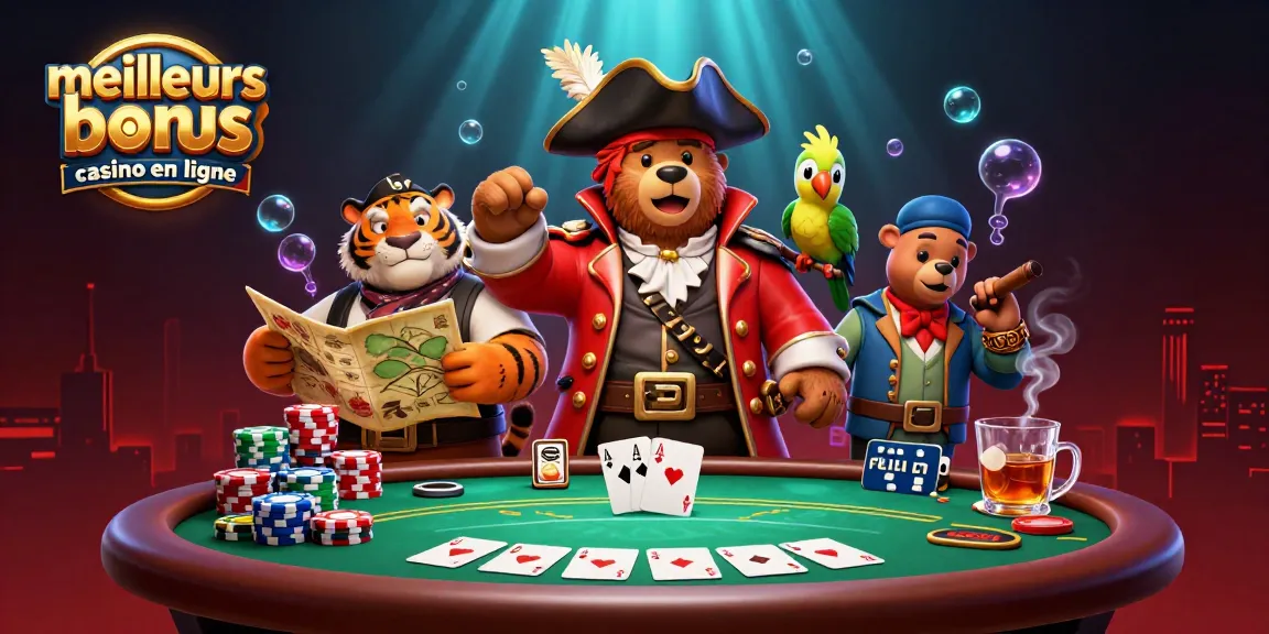 Les meilleurs bonus casino en ligne à travers une illustration dynamique et colorée regroupant un ours pirate, un tigre et des éléments de jeu.