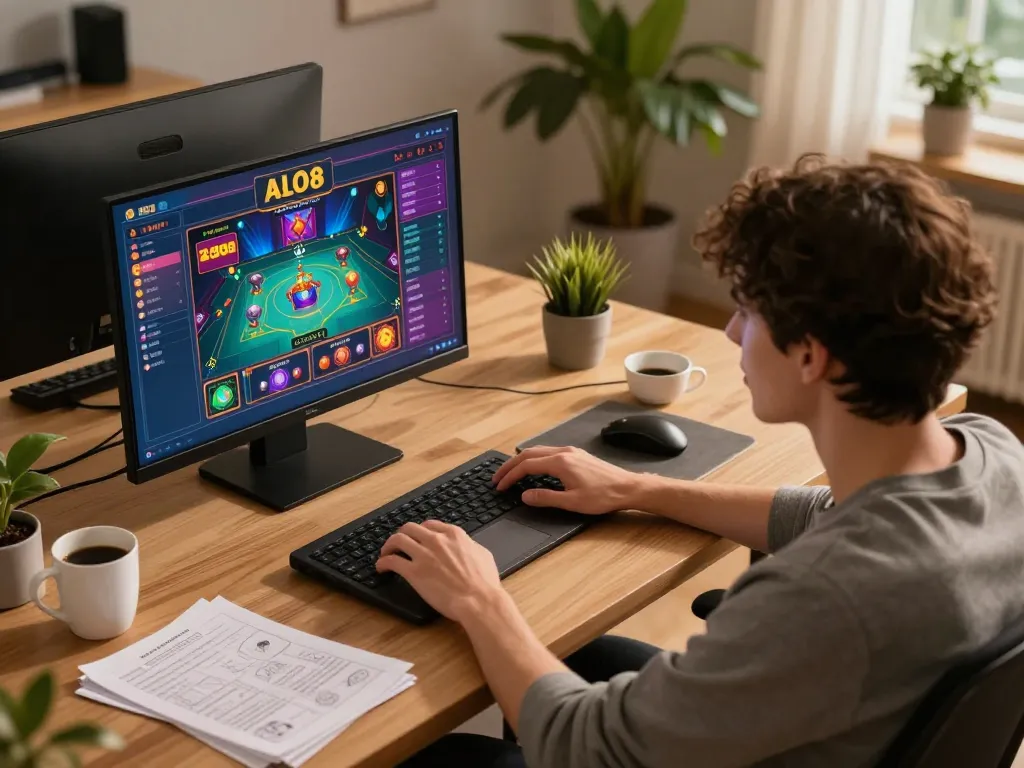 Player enjoying online casino experience on ALO8, vibrant home setup, lively atmosphere.
