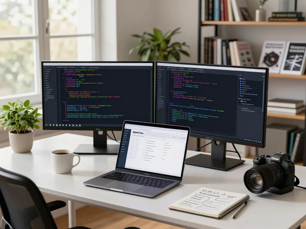 Developer using OpenClaw in a vibrant tech workspace with coding displays and a productive atmosphere.