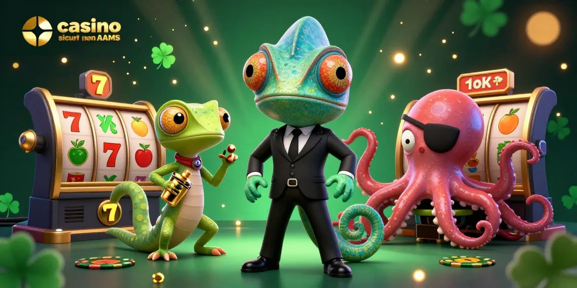 Interagisci con i principali casinò sicuri non AAMS raffigurati in uno stile 3D vibrante con un camaleonte agente segreto e dinamici elementi di gioco.