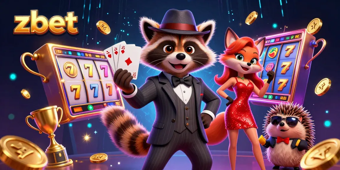 Zbet players enjoy dynamic slot games with a raccoon holding a royal flush, celebrating wins.