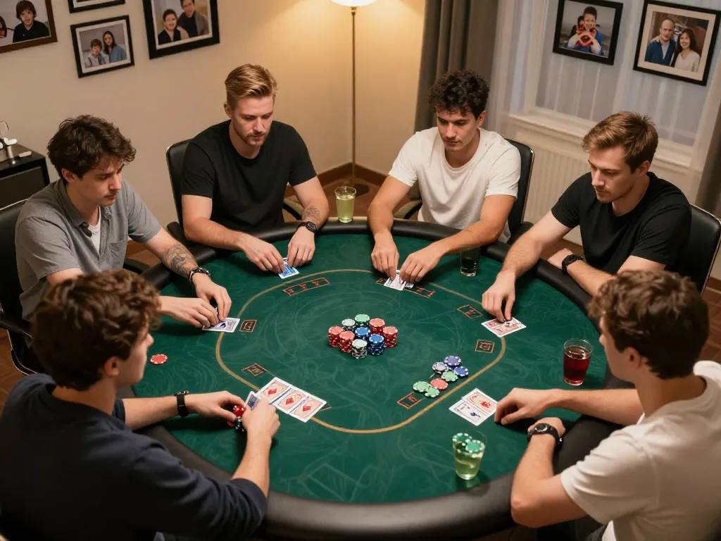 Jun88 players engaging in a lively poker game at home, showcasing strategy and fun in a friendly atmosphere