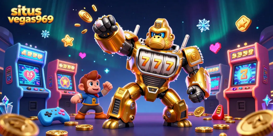 Join the excitement at situs vegas969 with a dynamic 3D scene featuring a golden gorilla mech amidst casino elements.