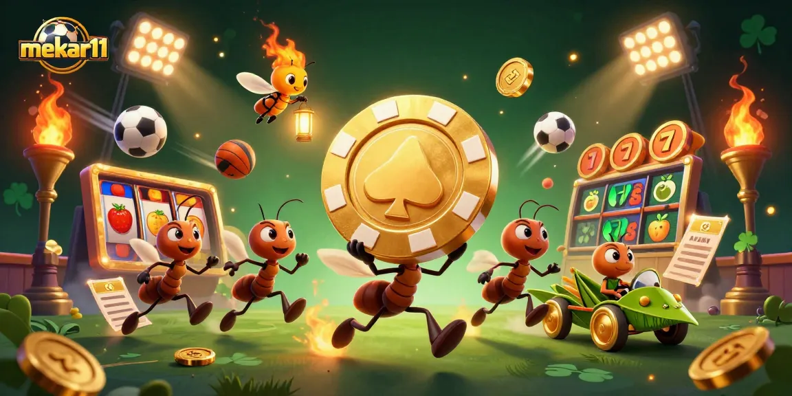 Engage in thrilling gameplay with mekar11 as ants steal a giant poker chip amidst vibrant casino elements.