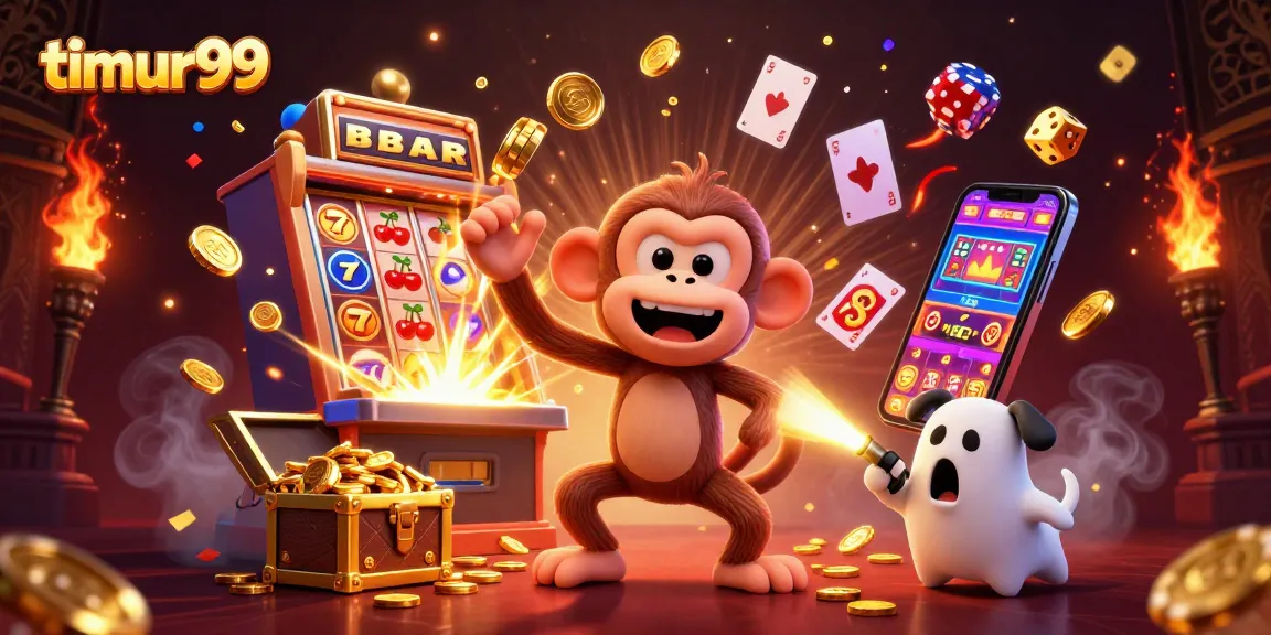 Experience big wins at timur99 with a playful monkey juggling golden casino treasures in a vivid gaming scene.
