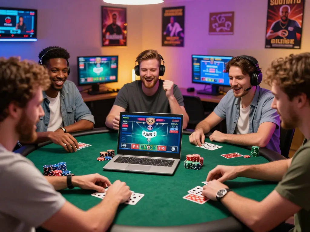 Friends enjoying an exciting online poker game with colorful cards and chips, showcasing a vibrant gaming atmosphere.