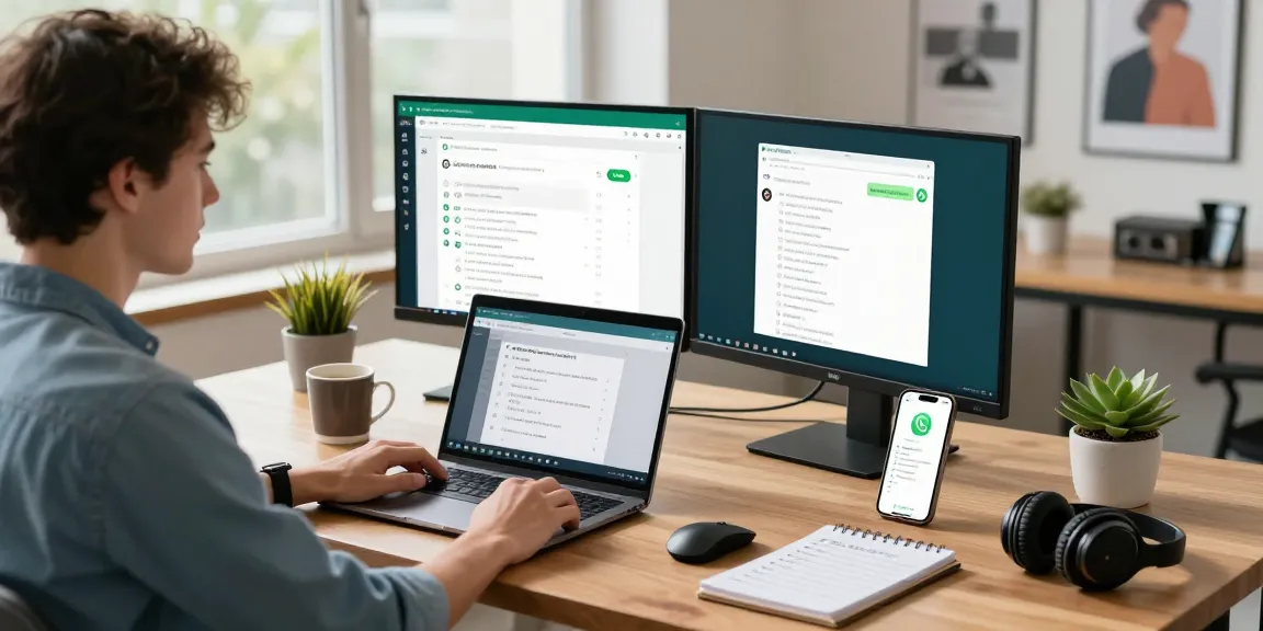 WhatsApp網頁版 interface shown on multiple monitors in an engaging workspace setup.