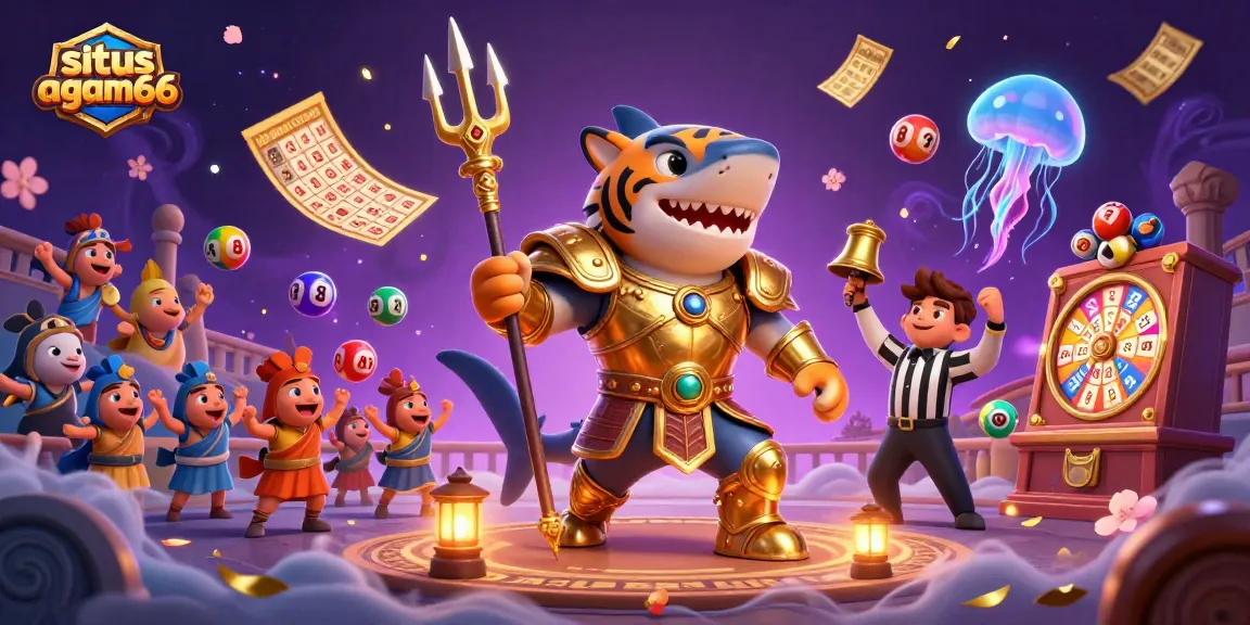 Experience the excitement at situs agam66 with a dynamic illustration of a gladiator tiger shark among lively lottery elements.