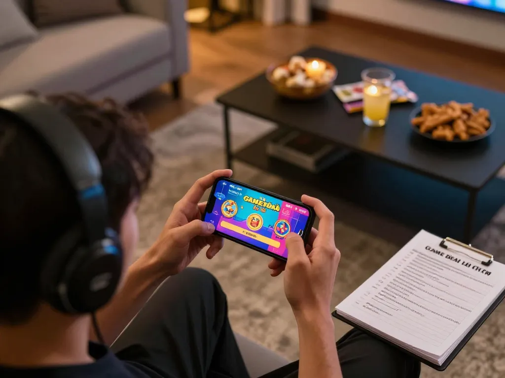 Game bài nổ hũ action on smartphone screen with player engaged in strategy at cozy home setup