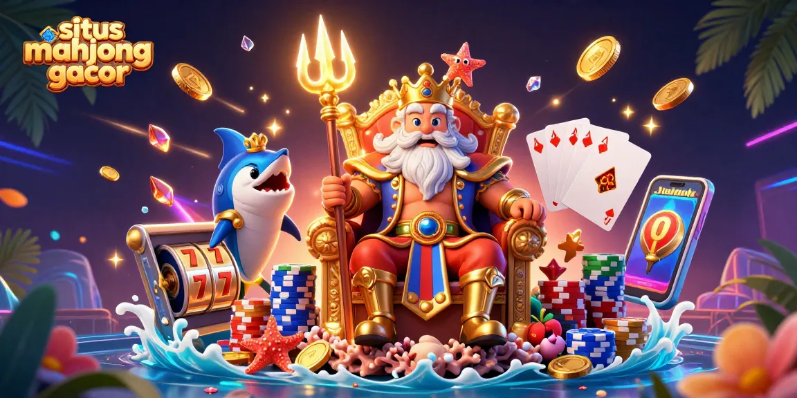 Spin and win on situs mahjong gacor with a vibrant 3D scene of Neptune and colorful casino elements.