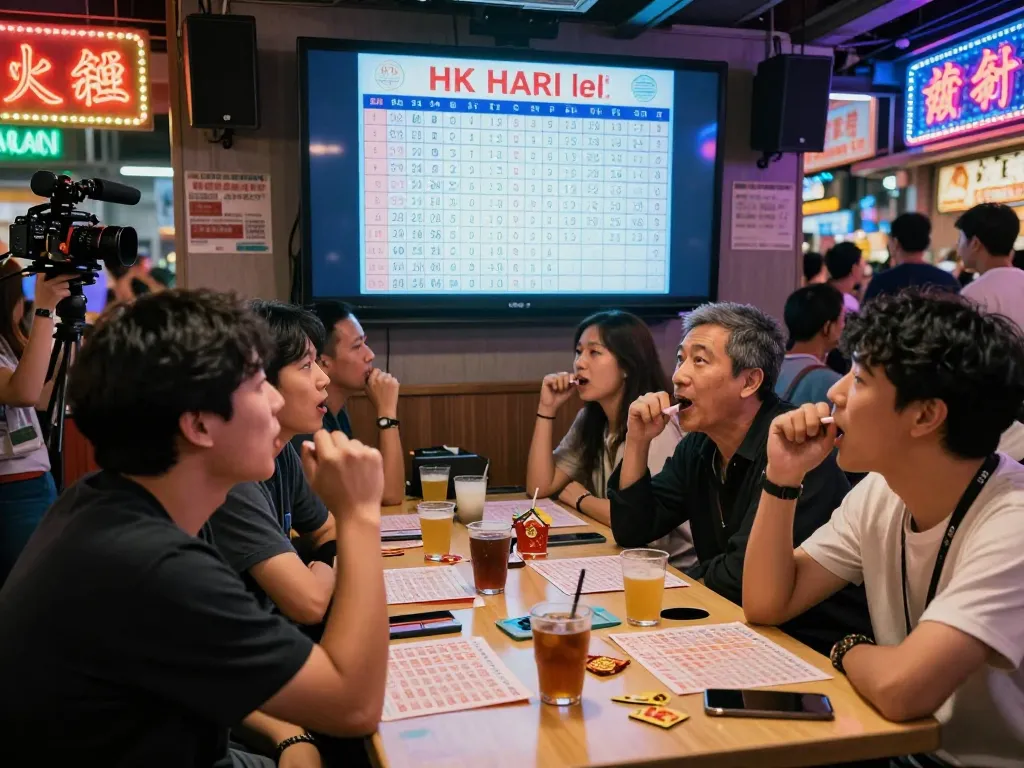 People eagerly watching HK Hari Ini lottery results in a vibrant setting.