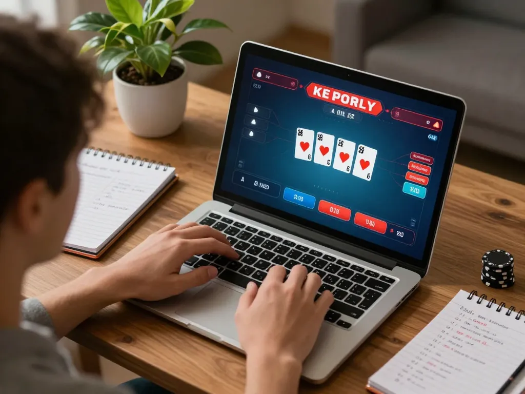 Player enjoying poker gameplay on 888now laptop, with strategic notes visible in warm home setting