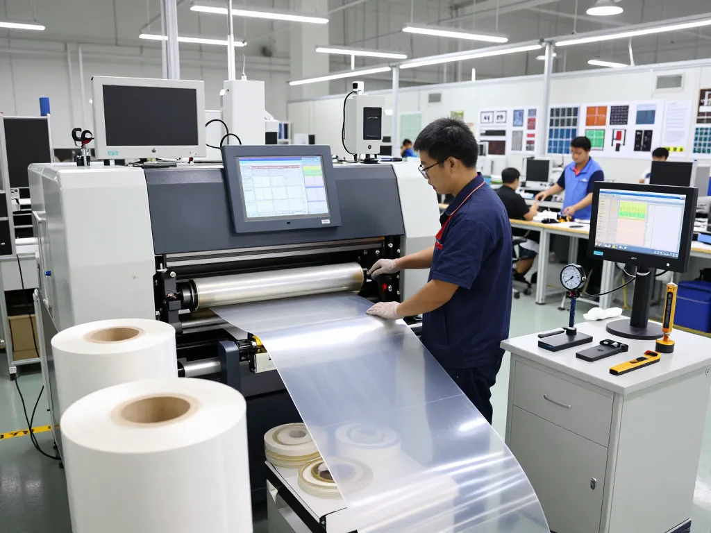 bóc ép dẻo plastic lamination process in a modern manufacturing facility with technicians and machinery.