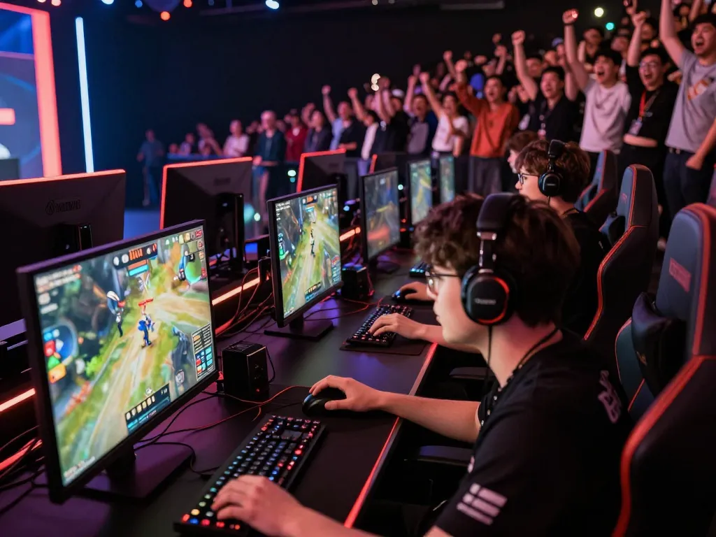 KPK100 offers thrilling esports tournaments in a vibrant arena with gamers competing intensely.