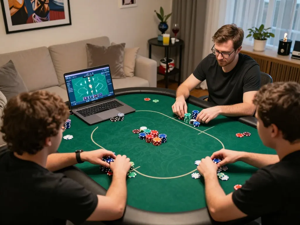 Players strategizing at an online poker table in a lively home setting, showcasing the excitement of XX88 gaming.
