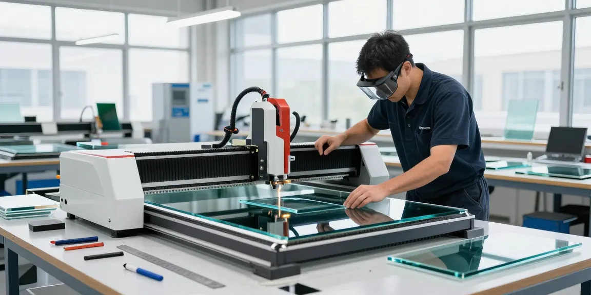 CNC glass cutting machine in action with technician focused on precision cutting for custom glass projects.