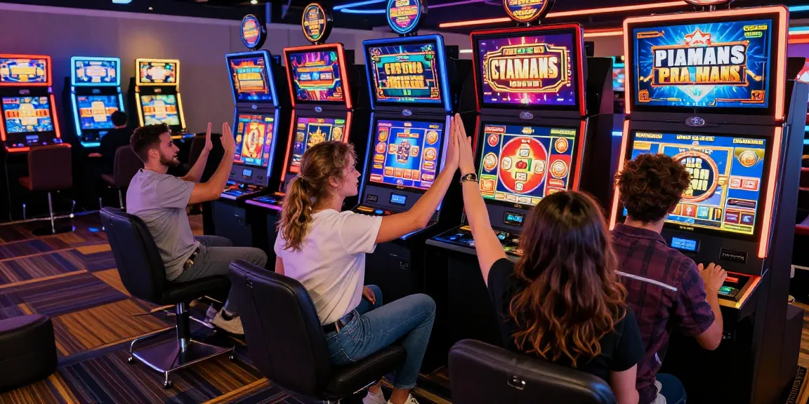 Engaging online gaming experience with deposit pulsa tanpa potongan, players involved in exciting slot games in a vibrant casino atmosphere.