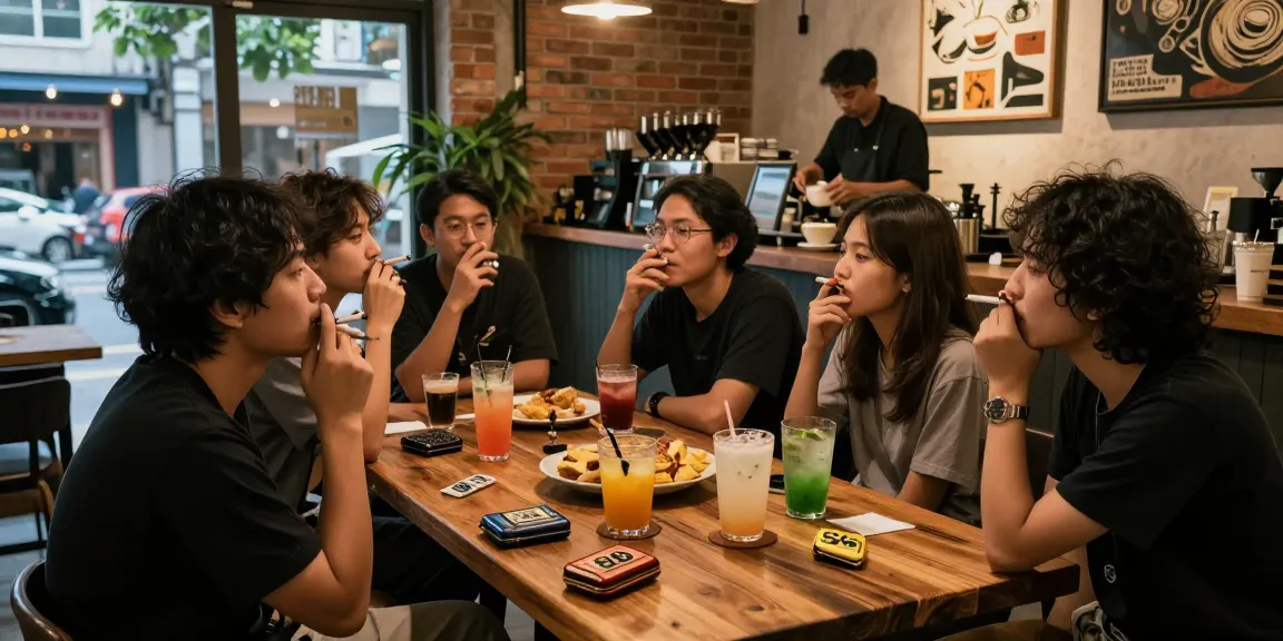 Friends savoring rokok 88 in a cozy café setting while sharing drinks and laughter.