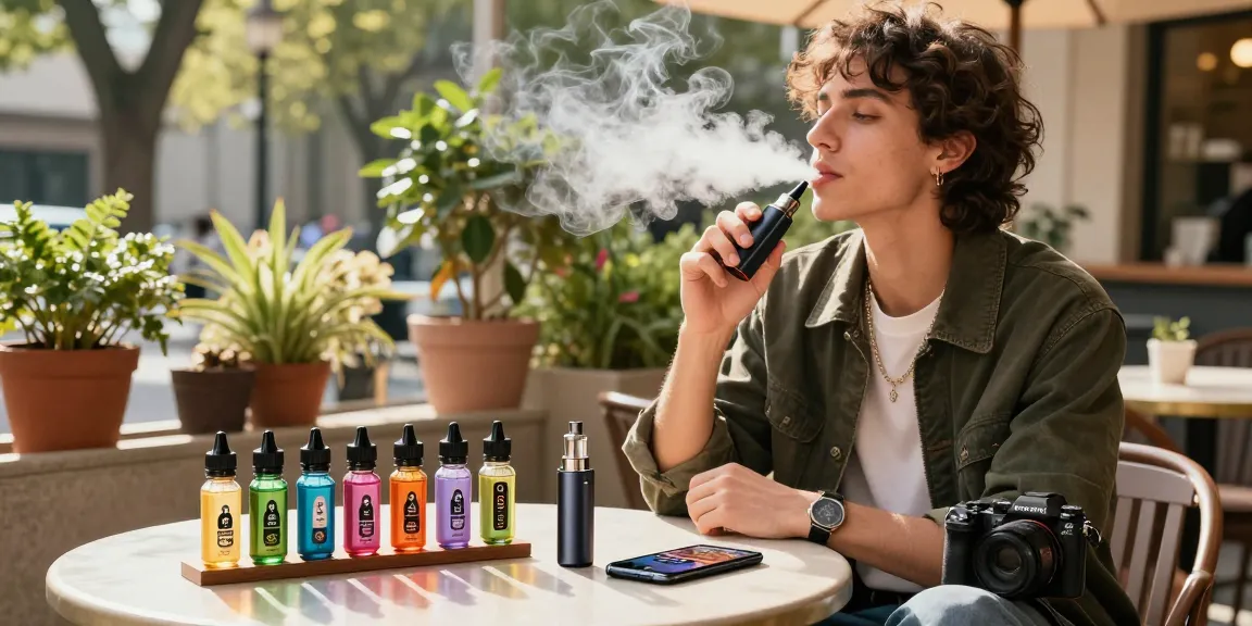 Vaper enjoying a stylish 電子菸主機 at an outdoor café with vape juice bottles and a smartphone.