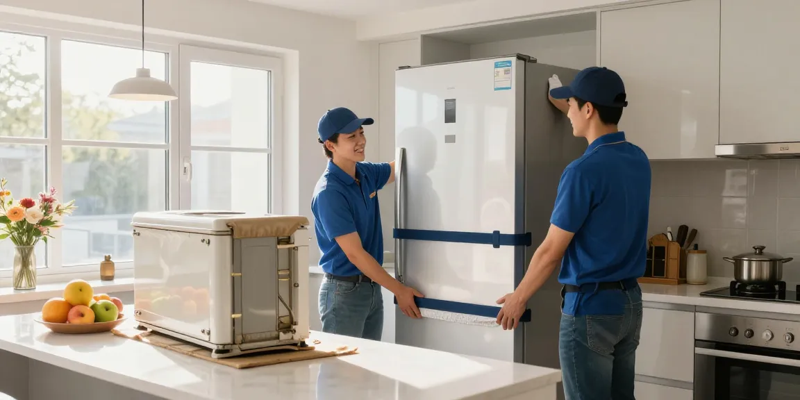 Appliance Delivery & Haul-Away team carefully transporting a refrigerator into a modern kitchen