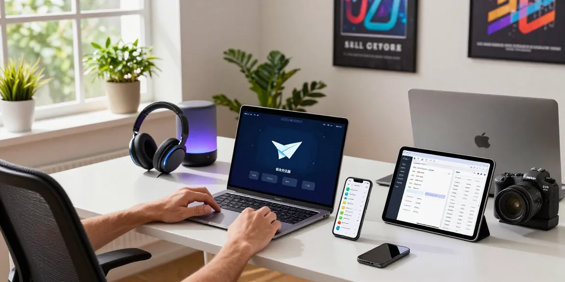 Engaged user navigating the 纸飞机中文版 interface in a vibrant tech workspace, showcasing multiple devices.