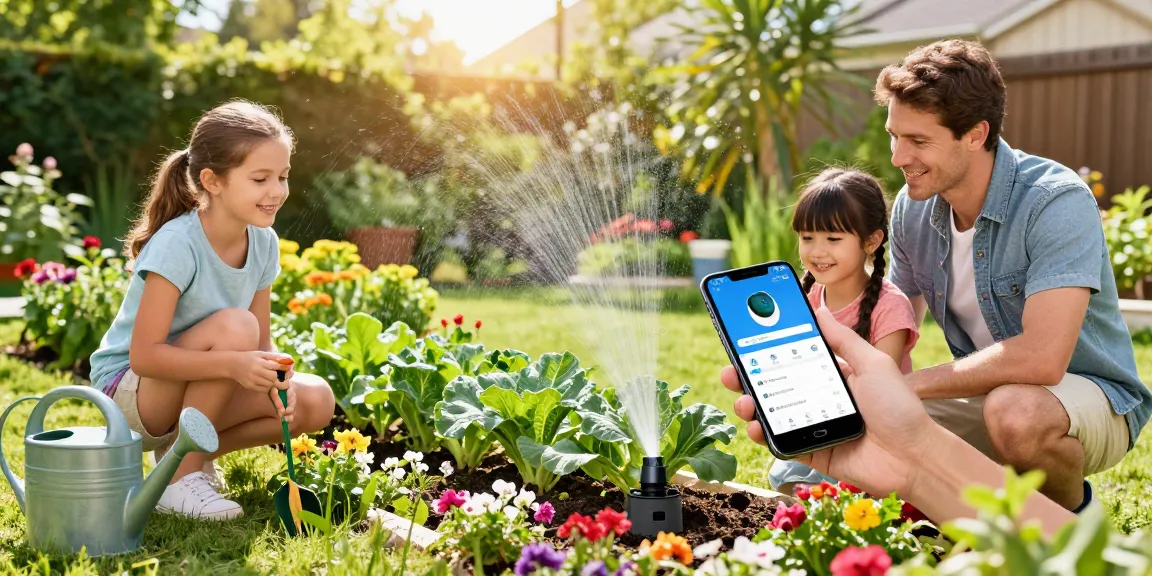 Families setting up a rainpoint water timer in a vibrant garden, integrating technology for efficient plant growth.