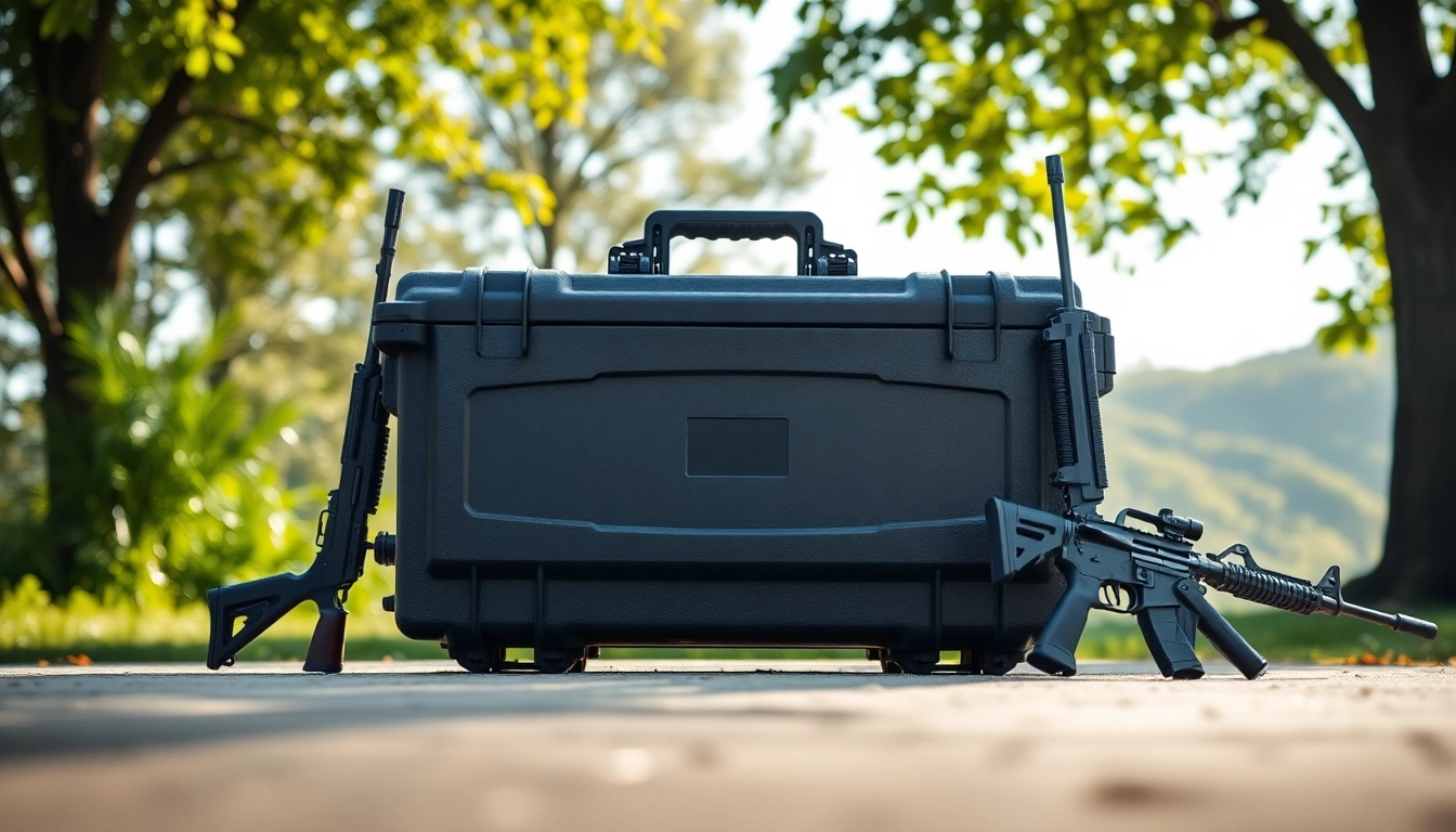 View a pelican gun case for sale with rugged features, highlighted in an attractive outdoor setting.