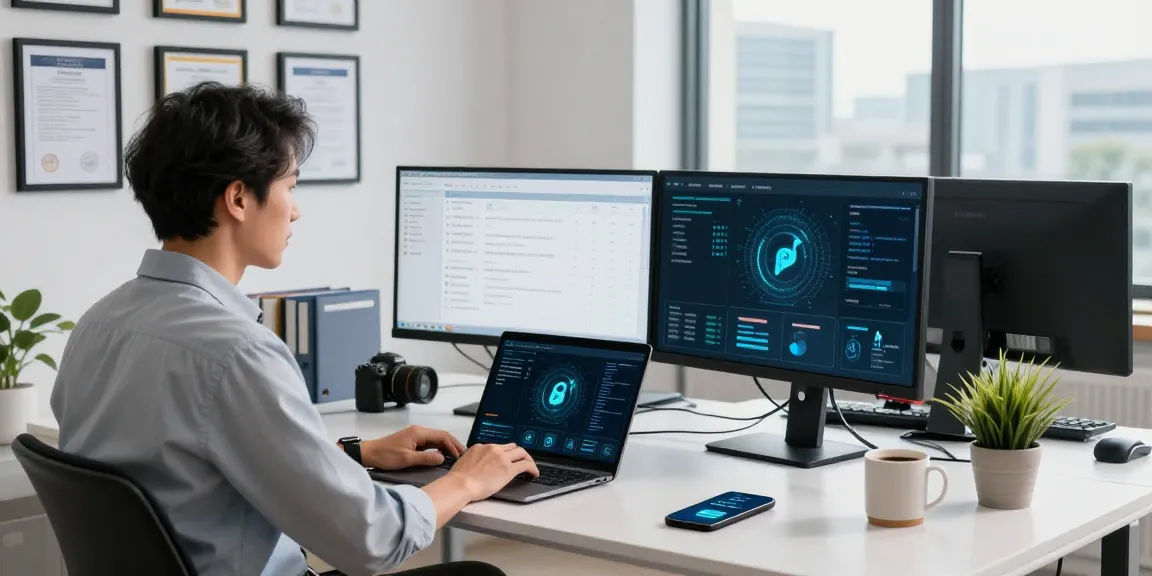 Cyber essentials renewal office scene with a cybersecurity consultant managing compliance and security measures in a modern workspace.
