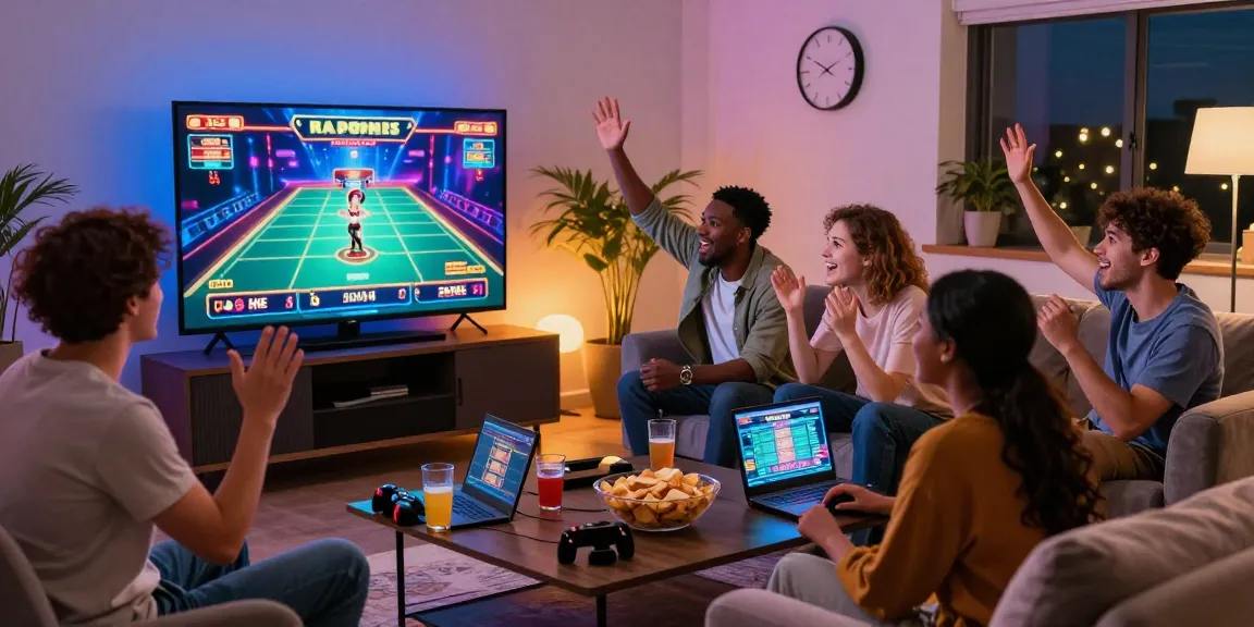 Group of friends enjoying online casino games on raja328 situs in a vibrant living room.