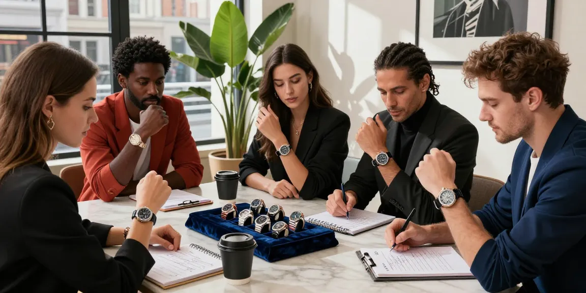 Group of luxury watch enthusiasts exploring high-quality replica watches in an upscale urban setting.
