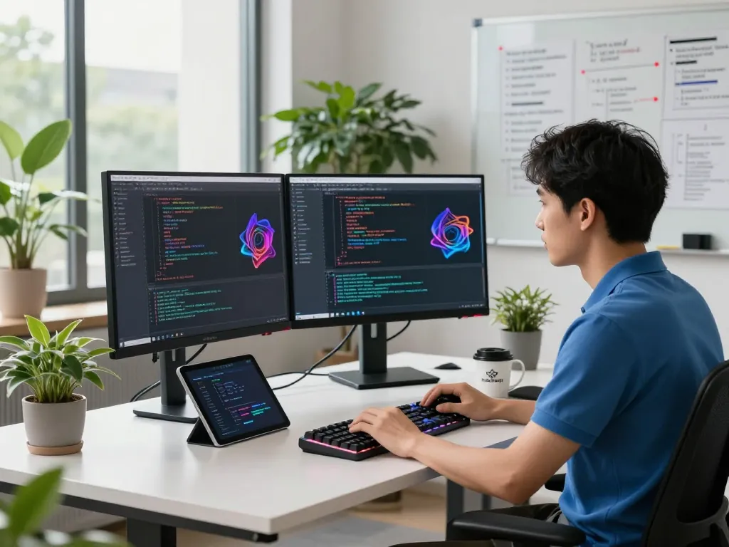 Image to prompt generator in a modern tech workspace showcasing AI art prompts and coding.