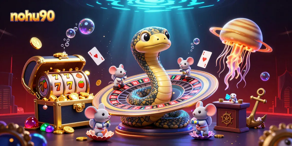 Nohu90 features a vibrant casino scene with astronaut mice betting on a cosmic roulette.