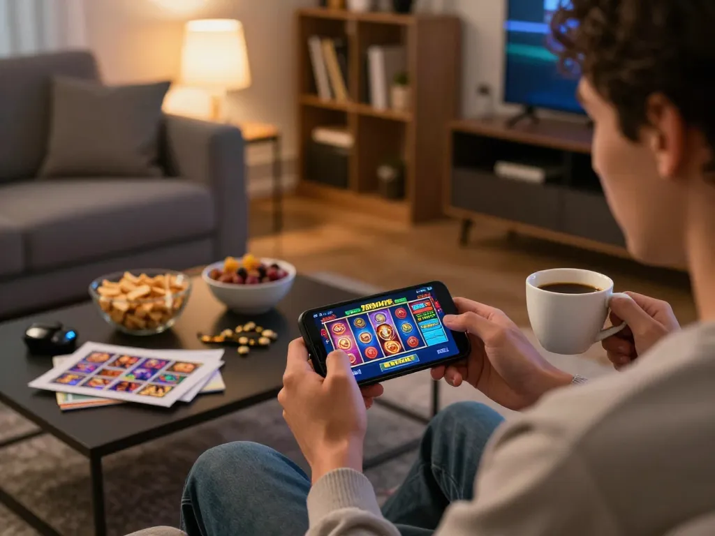 A person engaged with the 789win link mới casino app on their smartphone, enjoying a cozy home gaming atmosphere.