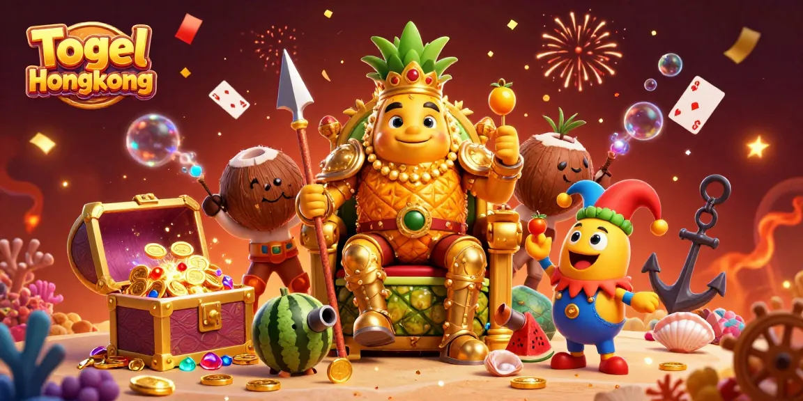 Experience Togel Hongkong excitement with a vibrant 3D cartoon illustration featuring a golden pineapple king and playful characters, capturing beach casino energy.