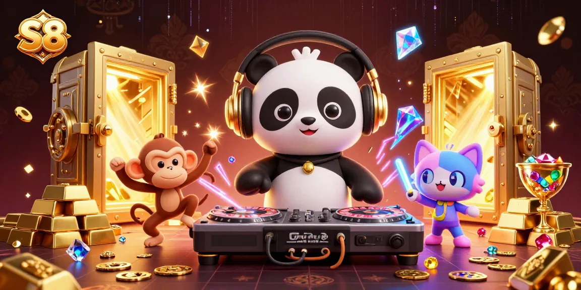 S8 invites you to a vibrant casino party with animated characters enjoying games amidst wealth.