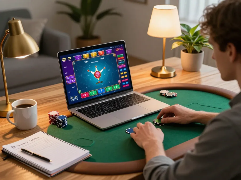 Player engaged in an online bk8 poker game at home with strategic notes on hand.