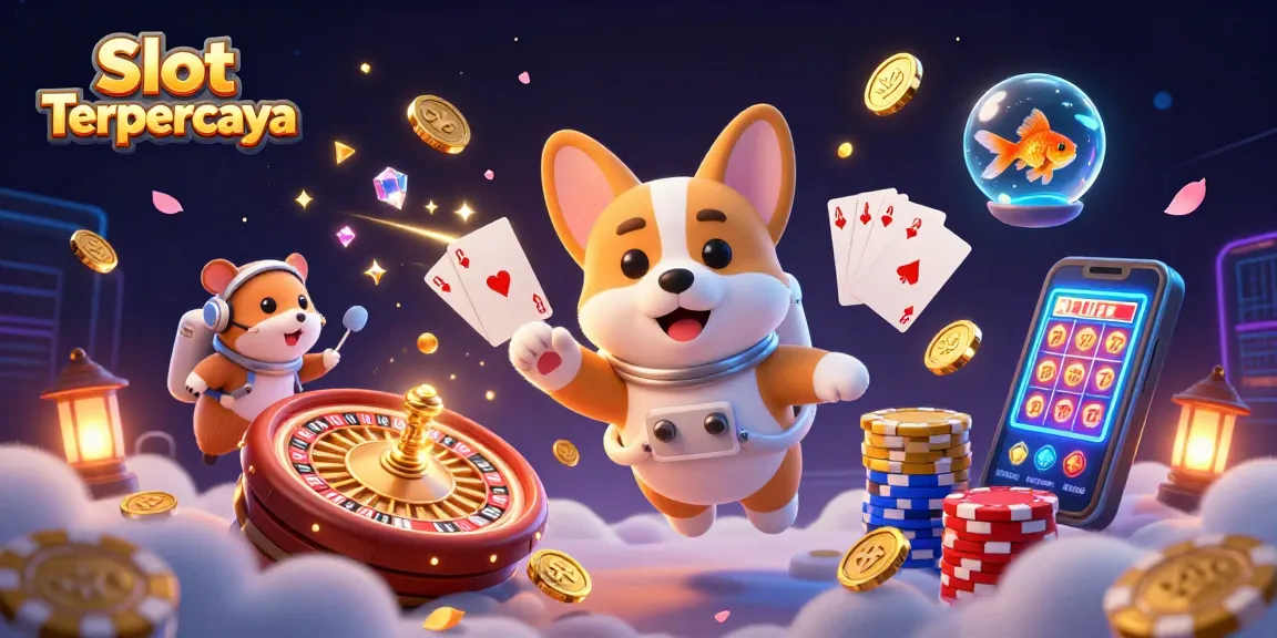 Experience the fun of Slot Terpercaya with a lively space casino scene featuring an astronaut corgi and playful casino elements.
