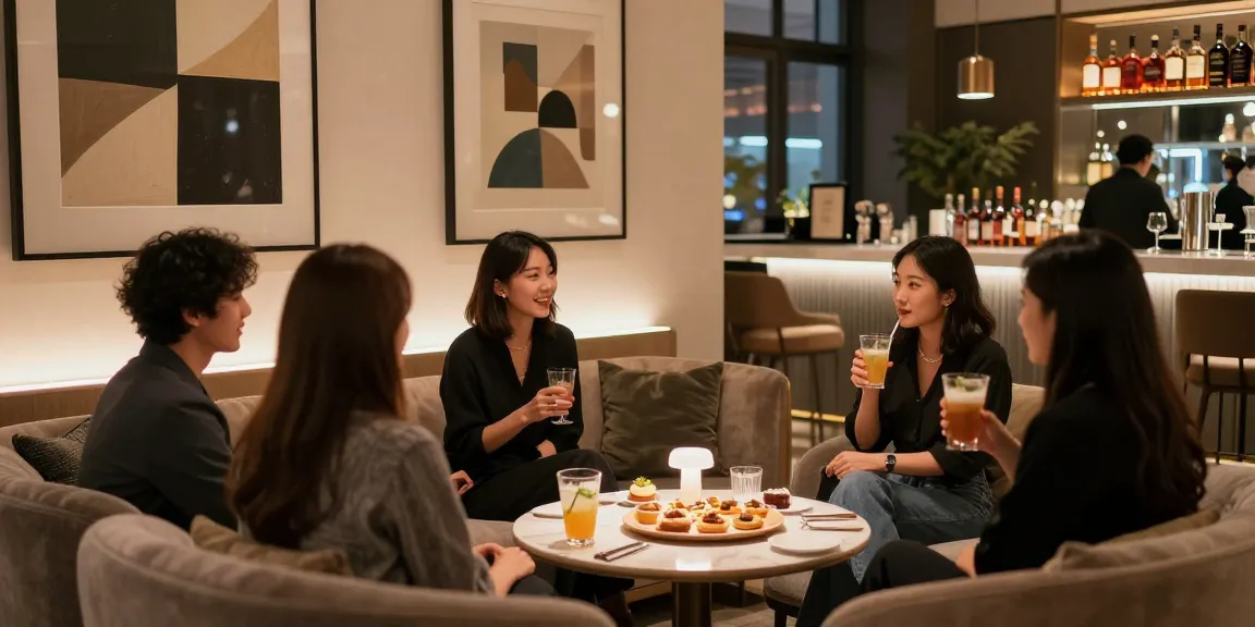 강남쩜오 멀리건에서 편안하게 대화 중인 친구들, 고급스러운 분위기와 세련된 인테리어가 돋보입니다.