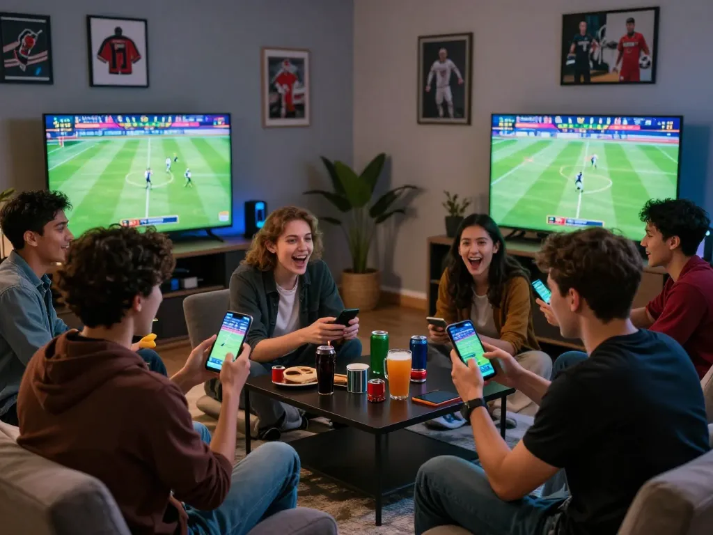 Friends engaging in sports betting via Bongdallu, with smartphones in hand, enjoying a match together.