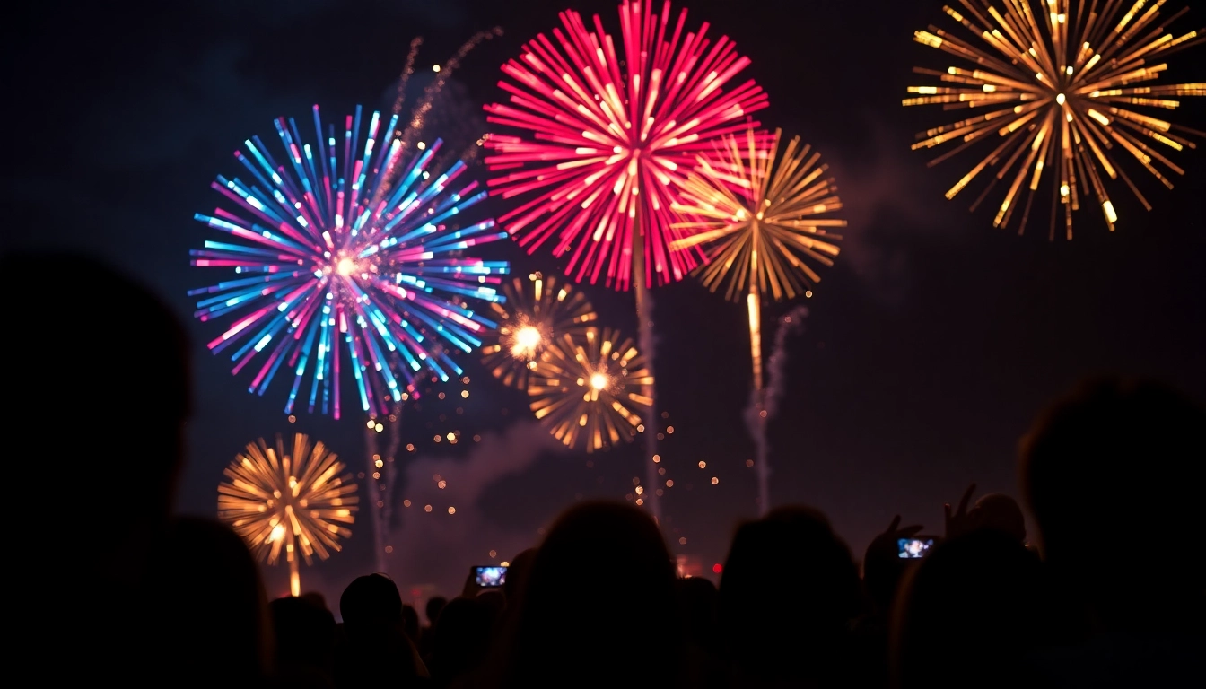 Celebratory fireworks uk display lighting up the night sky over a crowd of spectators.