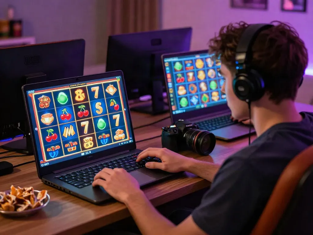 Interactive gaming experience showcasing a user enjoying slot games on a laptop, surrounded by vibrant graphics.