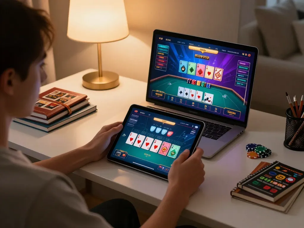 Engaging in strategic gameplay on sc88 online casino with vibrant poker game interface displayed on tablet.