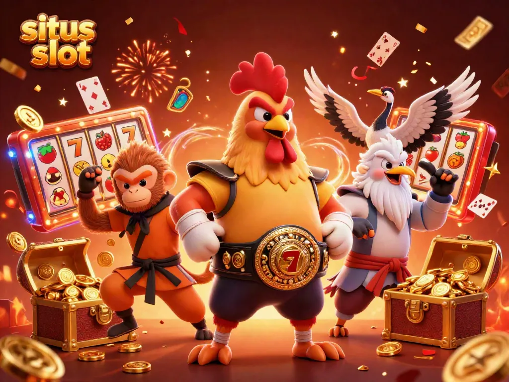Experience the thrill of situs slot with vibrant characters and dynamic casino elements in this action-packed scene.