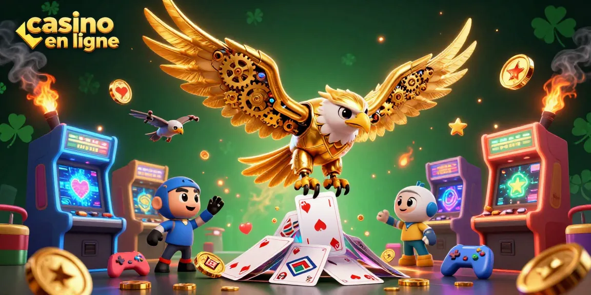 Jouez au casino en ligne avec cette illustration 3D colorée et dynamique montrant des éléments de jeux.