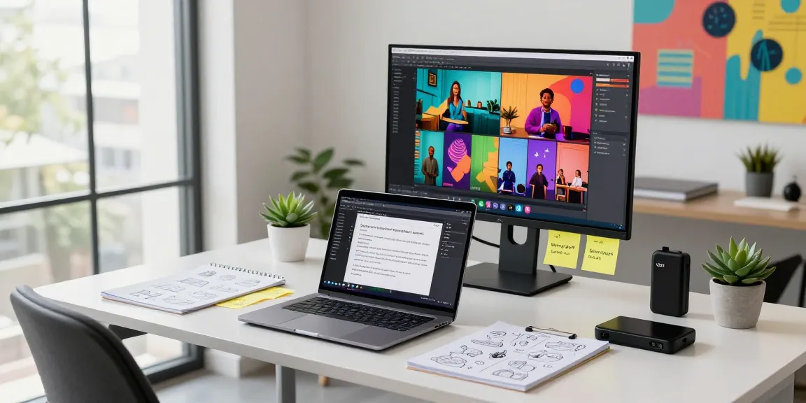 Content creator using prompt ai tool in a modern office with vibrant decor and inspiring atmosphere.
