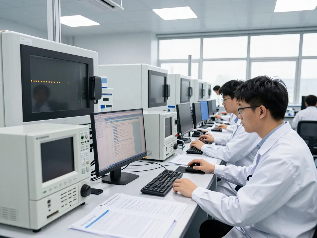 Engineers performing compliance testing in a state-of-the-art laboratory.