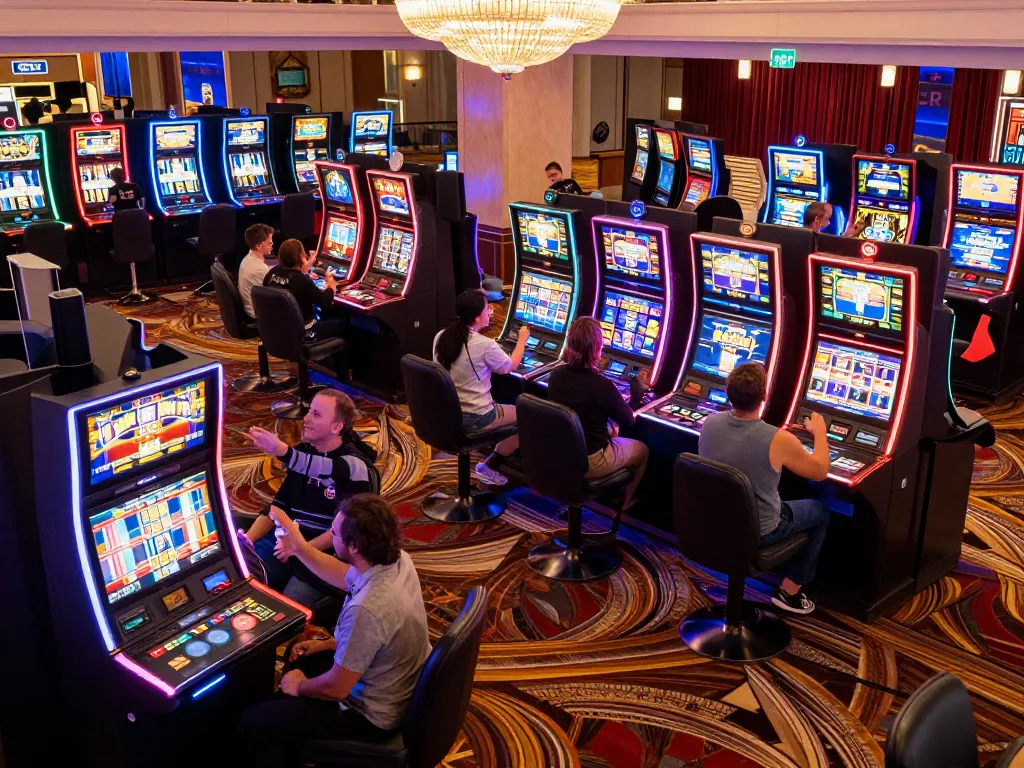 Experience the excitement of fabet's vibrant slot machines with players celebrating wins in a luxurious casino.