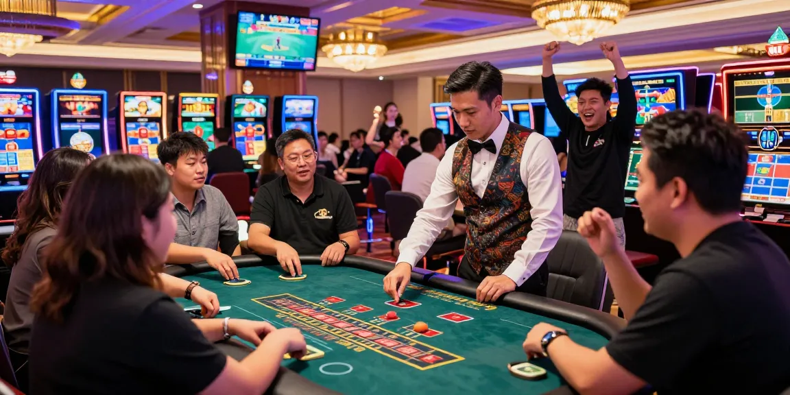 Vibrant scene at MBM娛樂 with players enjoying table games, professional dealer, and lively atmosphere.