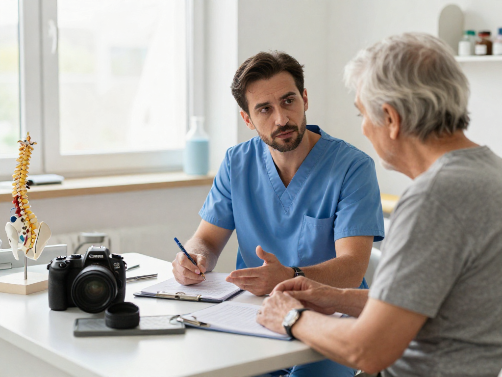 Discussion about dar kanal ameliyatı between a doctor and an elderly patient in a bright clinic.